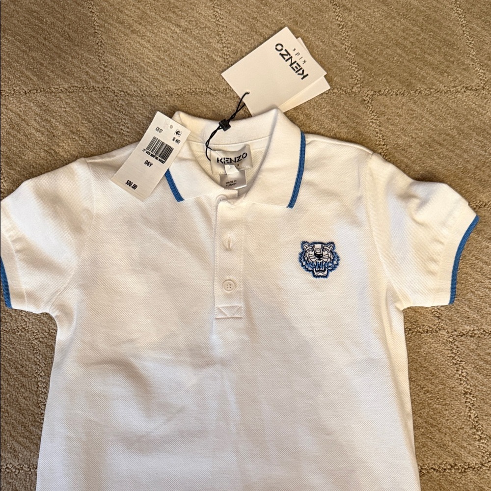 Kenzo Kids Polo Shirt in White with Blue Trim - Picture 2 of 2
